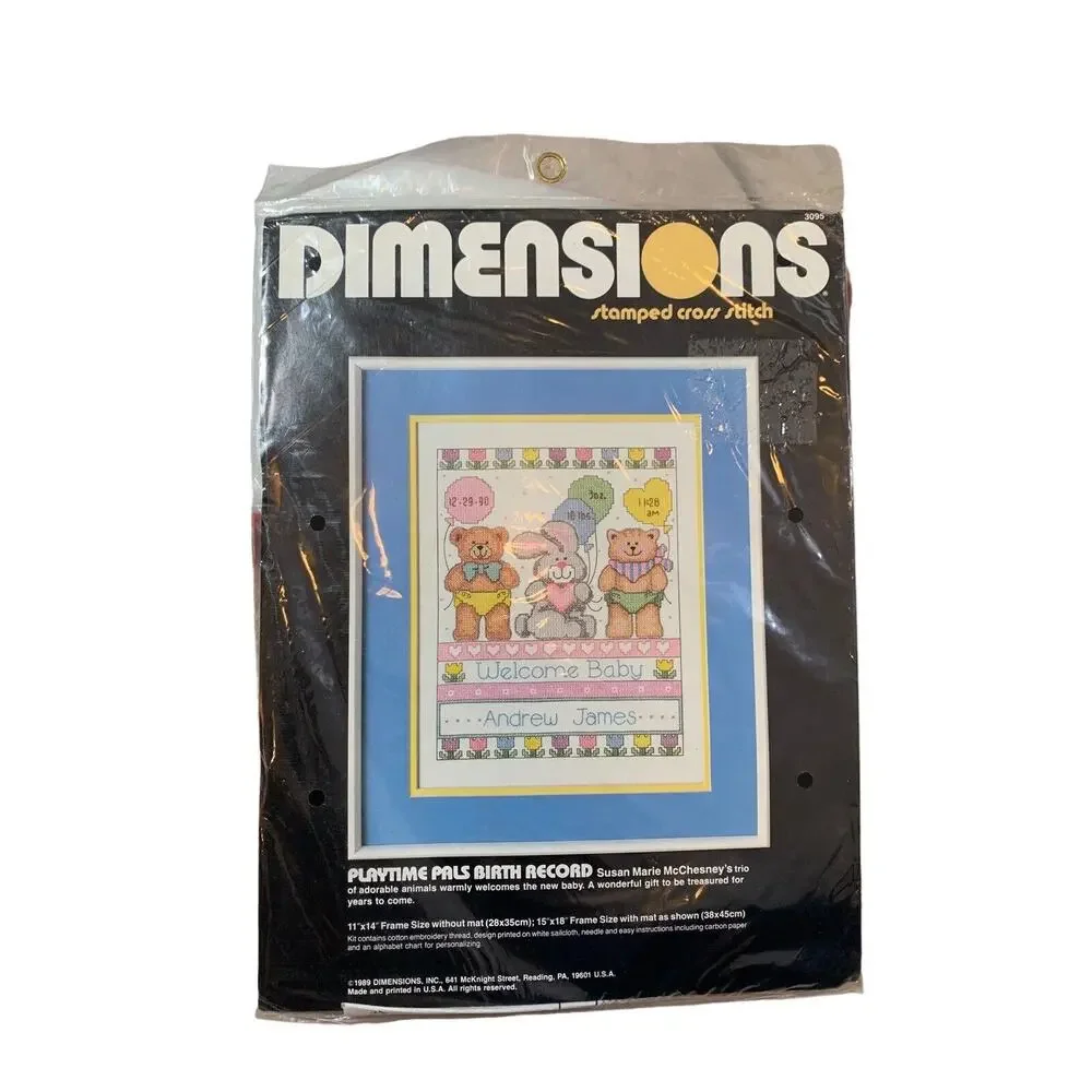 NEW Vtg 1989 Dimensions Cross Stitch Kit Playtime Pals Birth Record 11